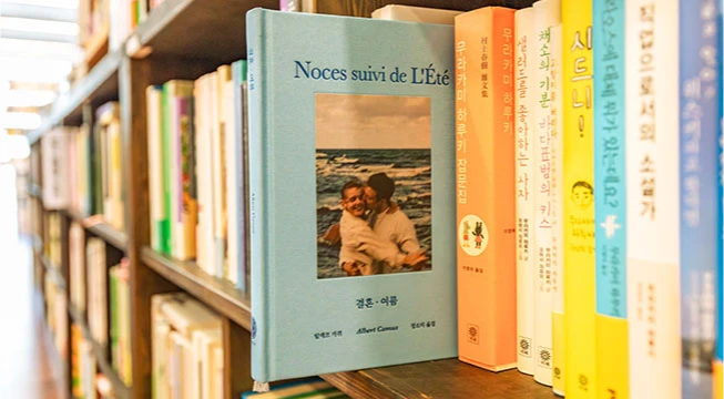 천장이 높고 환한 서점 내부, 가운데 매대와 벽면 가득한 서가에 책이 진열된 모습