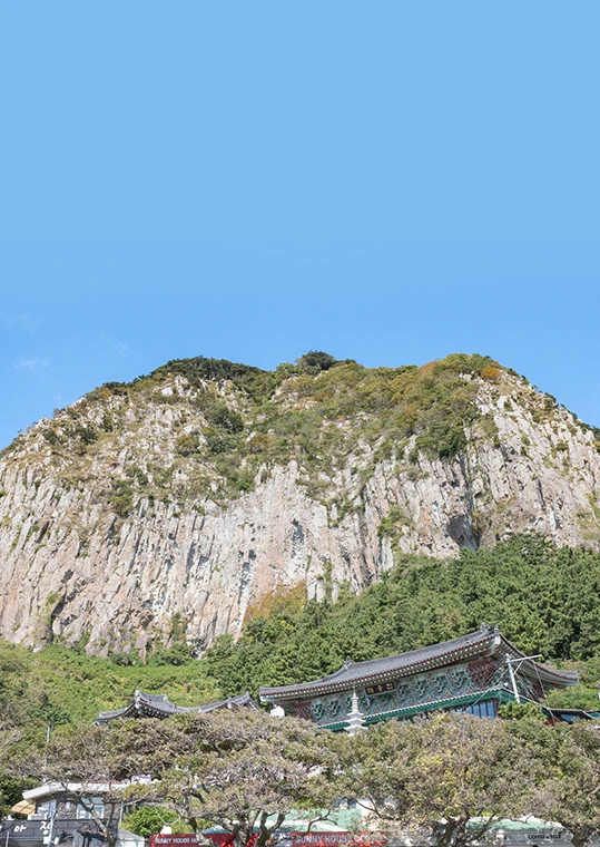 바다가 내려다보이는 언덕 위에 자리한 돌 쌓은 산방연대 통신 시설
