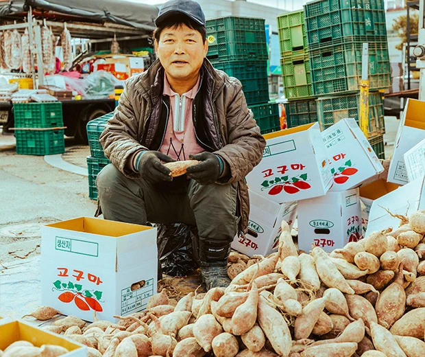 ‘고구마’라고 적힌 상자들 사이에 쪼그려 앉은 남성 상인이 고구마 한 개를 손에 들고 카메라를 보고 있다. 앞쪽에는 꿀고구마가 수북이 쌓여 있다