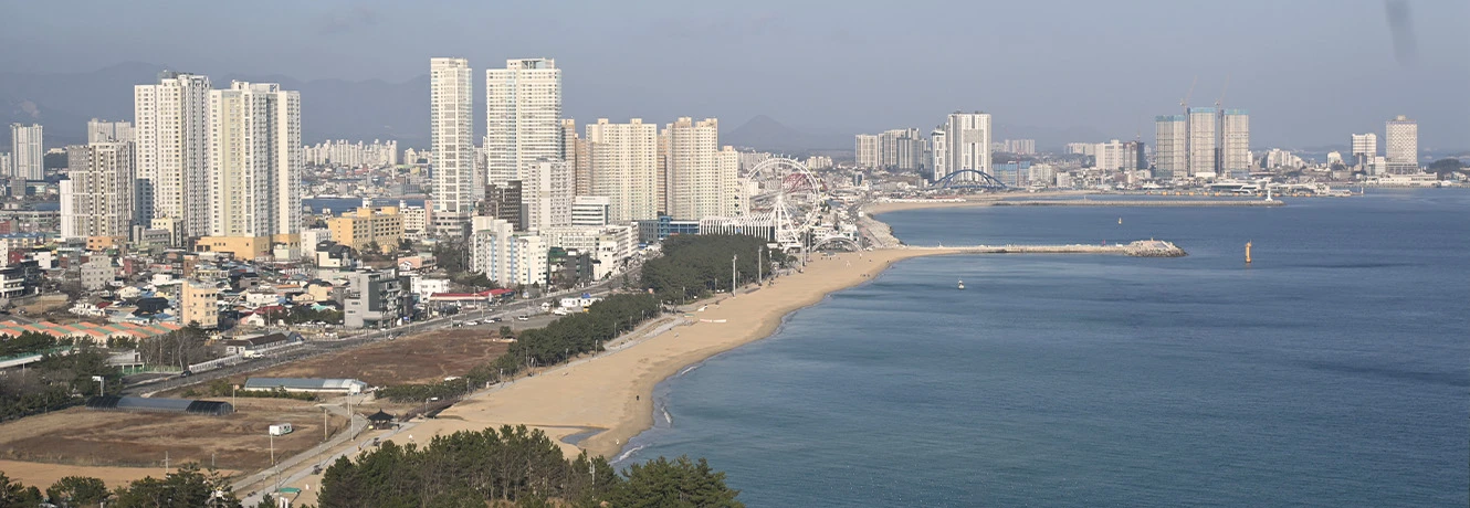 높은 곳에서 내려다본 속초 시내의 고층 건물들과 모래사장이 길게 이어진 해안