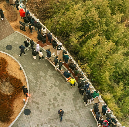 리조트 산책로를 따라 사람들이 길게 줄지어 새해 일출을 기다리는 모습을 위에서 내려다본다
