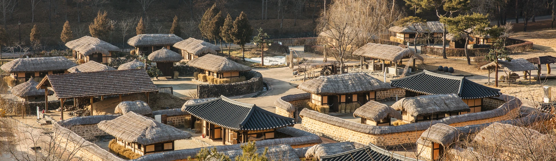 백제문화단지 생활문화마을을 높은 곳에서 내려다본 전경으로, 초가지붕과 기와집들이 겨울 숲에 둘러싸여 옹기종기 모여 있다