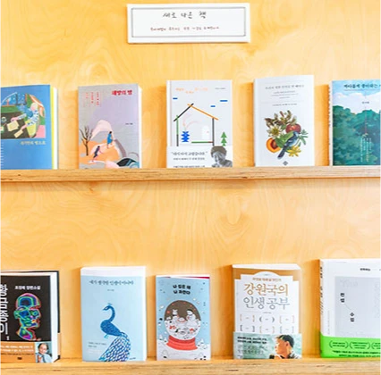 새로 나온 책 안내판 아래 두 단 선반에 표지가 보이게 진열된 다양한 신간 도서
