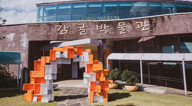주황색과 흰 콘테나 박스를 쌓아 만든 아치로 장식한 서귀포 감귤박물관 입구