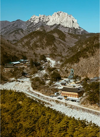 우뚝 솟은 설악산 권금성 암봉 아래 산자락에 자리한 사찰과 거대한 불상이 내려다보이는 풍경