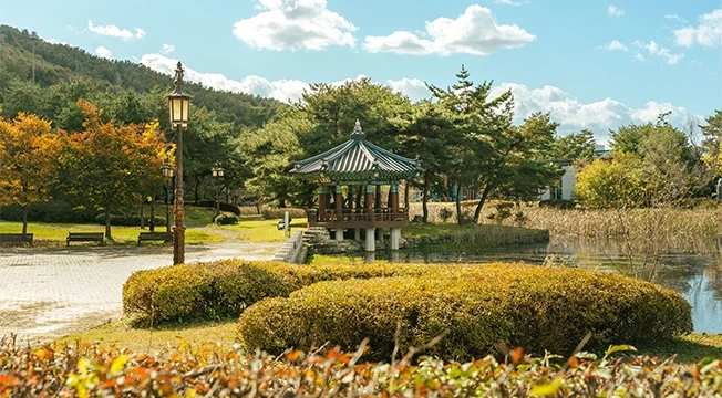 연못가에 자리한 한옥 정자와 가로등, 단풍나무가 어우러진 청명한 가을날 백제문화단지 풍경