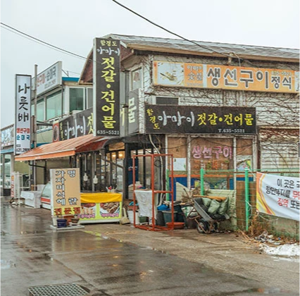 함경도 젓갈과 건어물을 파는 아바이마을 가게 외관, 비에 젖은 골목 풍경