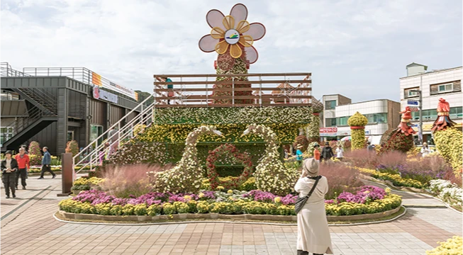 거대한 꽃 모양 조형물과 국화 화단을 한 사람이 바라보는 국밥거리 광장
