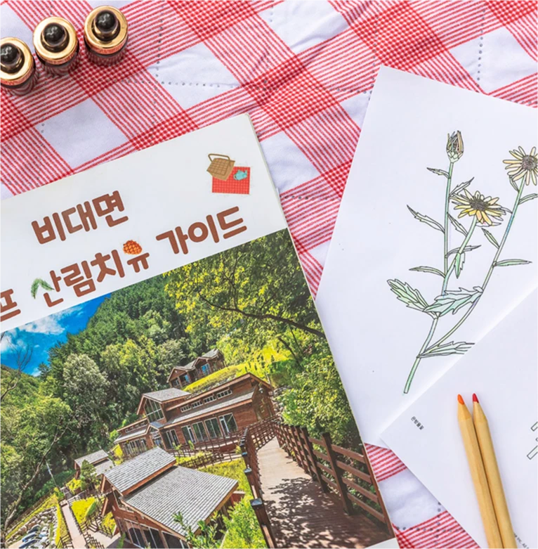비대면 셀프 산림치유 가이드북 표지와 식물 색칠 도안, 나무 데크 위 색연필