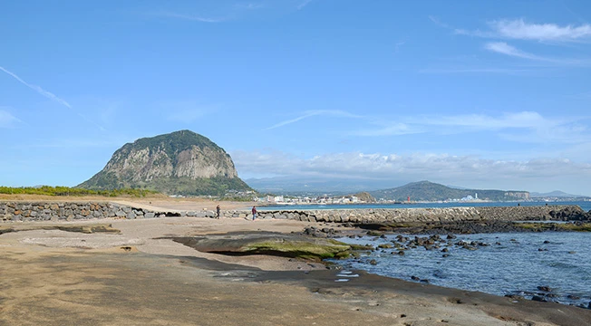 간조에 화산암반이 드러난 사계해변과 멀리 산방산이 보이는 풍경