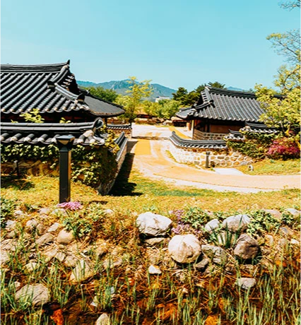 기와지붕 한옥과 돌담, 들꽃이 핀 정원 너머로 산이 보이는 전통 마을 풍경