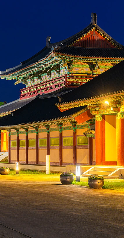 밤조명에 단청이 도드라지는 백제문화단지 전각의 측면과 길가 조명 풍경