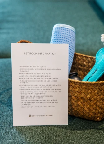 객실에 놓인 펫 룸 안내문과 라탄 바구니에 담긴 반려견용 타올 등 펫 어메니티