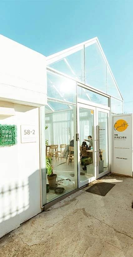 맑은 하늘 아래 유리 지붕과 통창으로 이루어진 카페 코코넛 그루브의 밝은 외관 입구